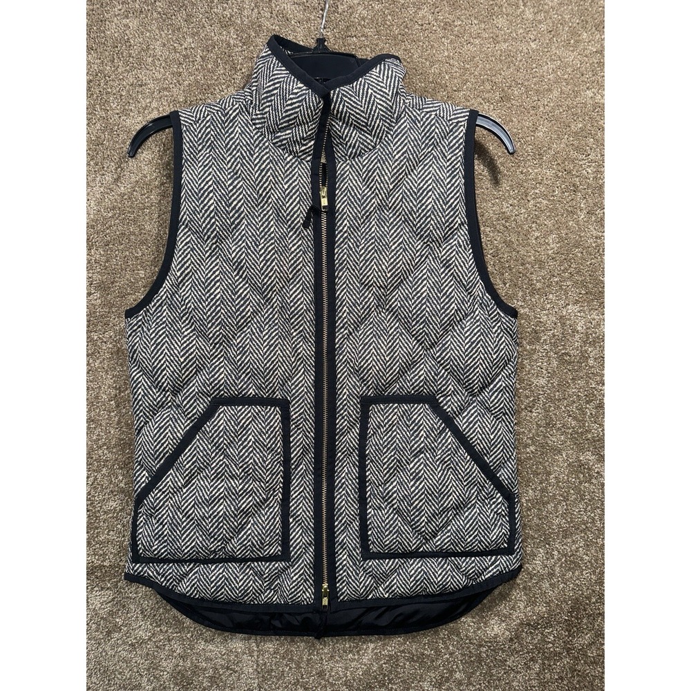 J Crew Womens Puffer Down Vest Full Zip Black Ivory Herringbone Chevron Size XS